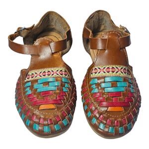 Sandy Exclusivas Womens SZ 7.5 Leather and Rainbow Fabric Mexican Shoes Flaw